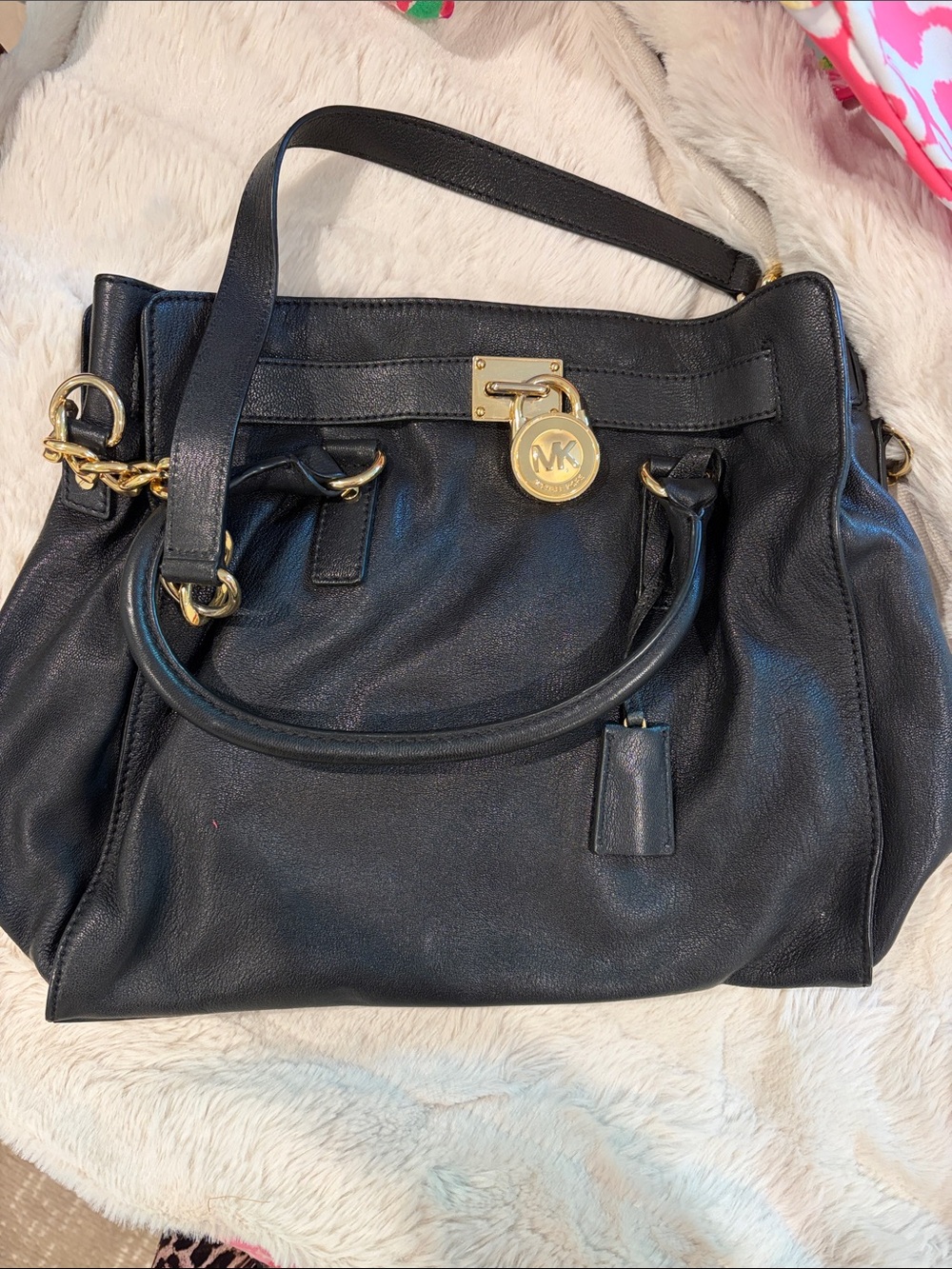Michael Kors Black Leather Shoulder Bag with Gold Accents